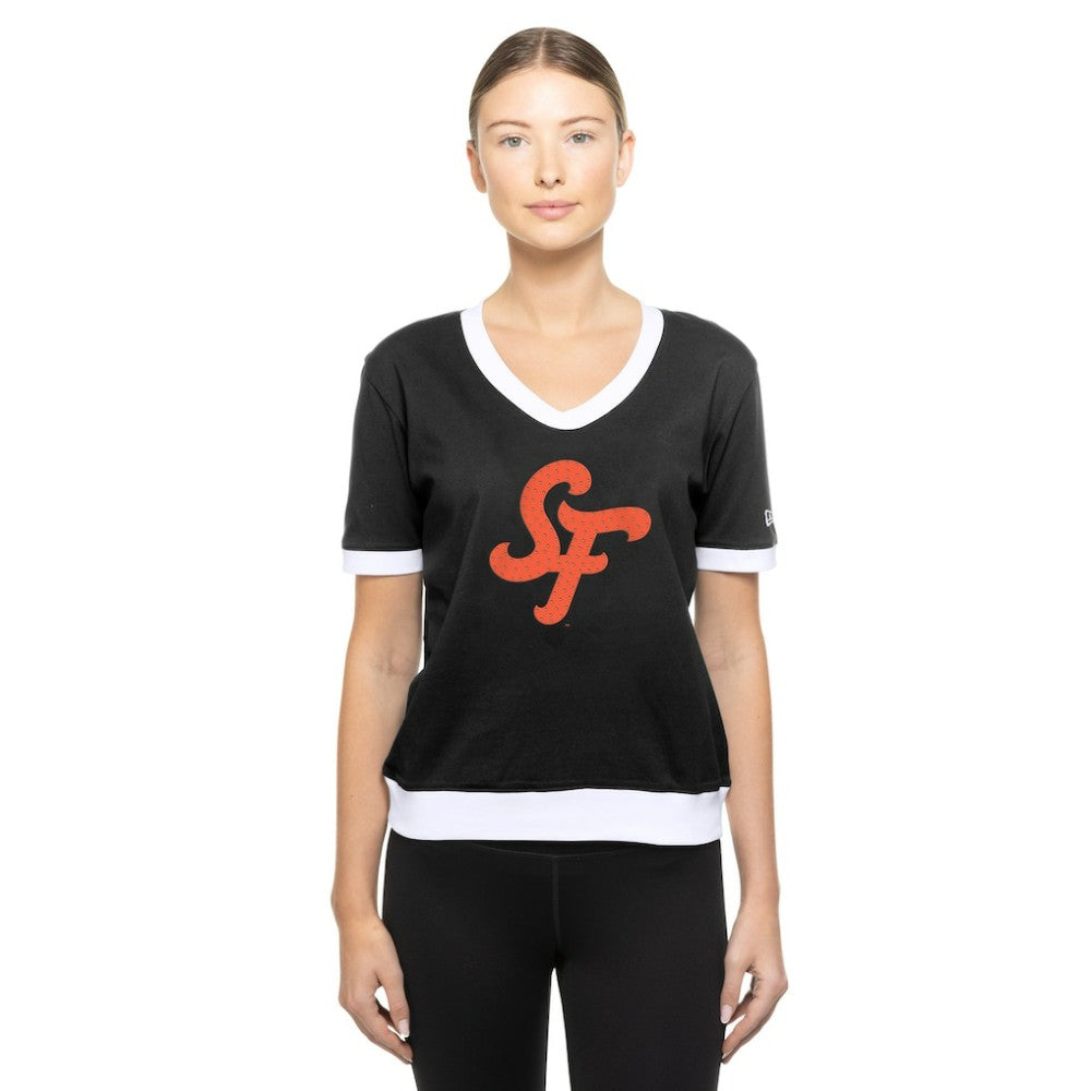San Francisco Giants Women's 2025 City Connect Rhinestone V-Neck T-Shirt - Black | New Era