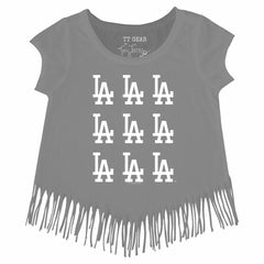 Los Angeles Dodgers Tiny Turnip Girls Youth Logo Grid Fringe T-Shirt - Gray
