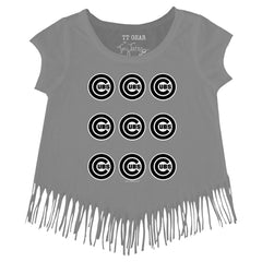 Chicago Cubs Tiny Turnip Girls Youth Logo Grid Fringe T-Shirt - Gray