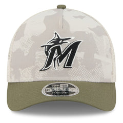 Miami Marlins 2025 Armed Forces Day 9FORTY M-Crown A-Frame Adjustable Hat - Light Beige/Olive | New Era