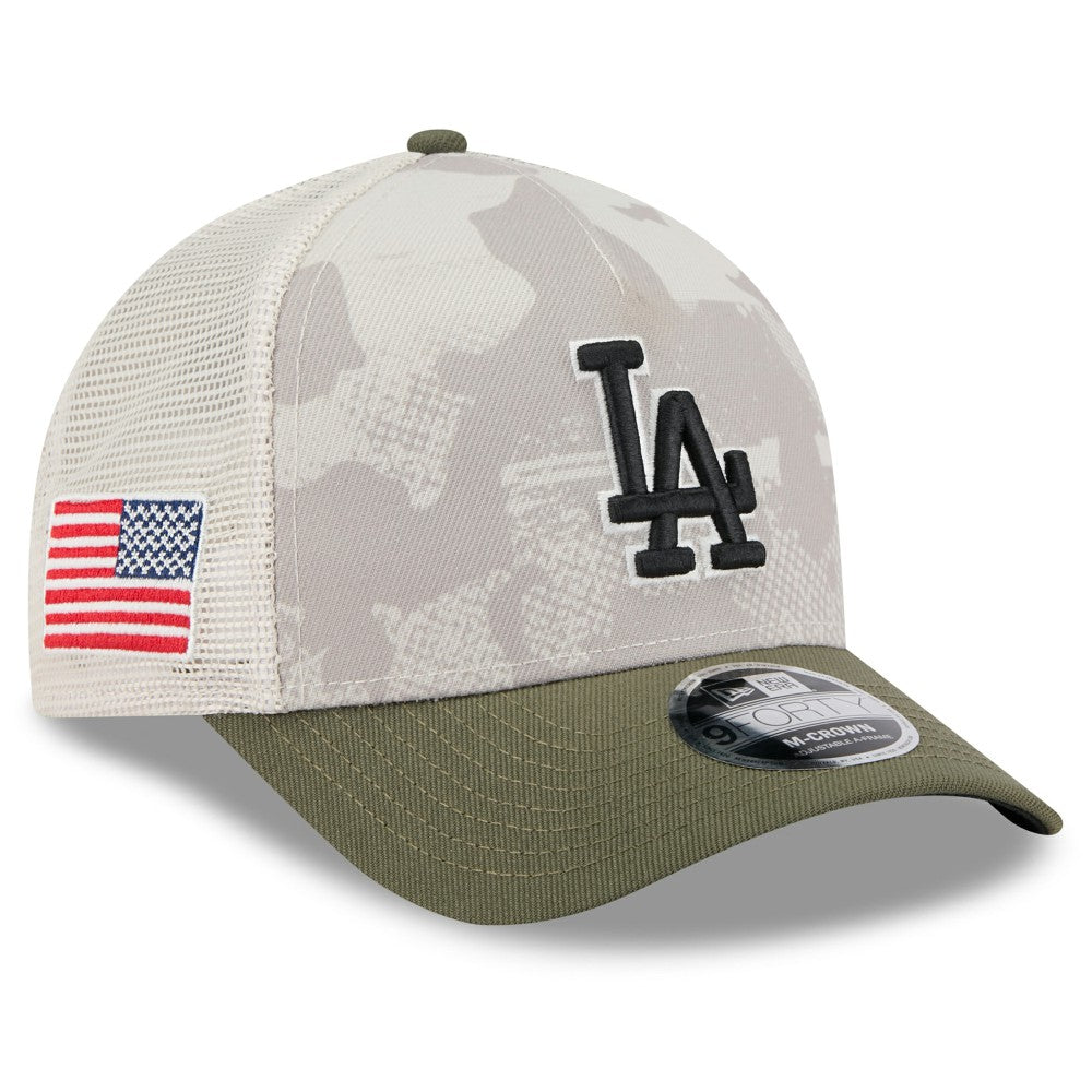 Los Angeles Dodgers 2025 Armed Forces Day 9FORTY M-Crown A-Frame Adjustable Hat - Light Beige/Olive | New Era
