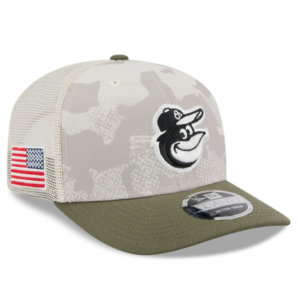 Baltimore Orioles 2025 Armed Forces Day 9SEVENTY Stretch-Snap Hat - Light Beige/Olive | New Era