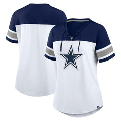 Dallas Cowboys Women's Athena Rhinestone Lace-Up V-Neck T-Shirt - White/Navy cheap