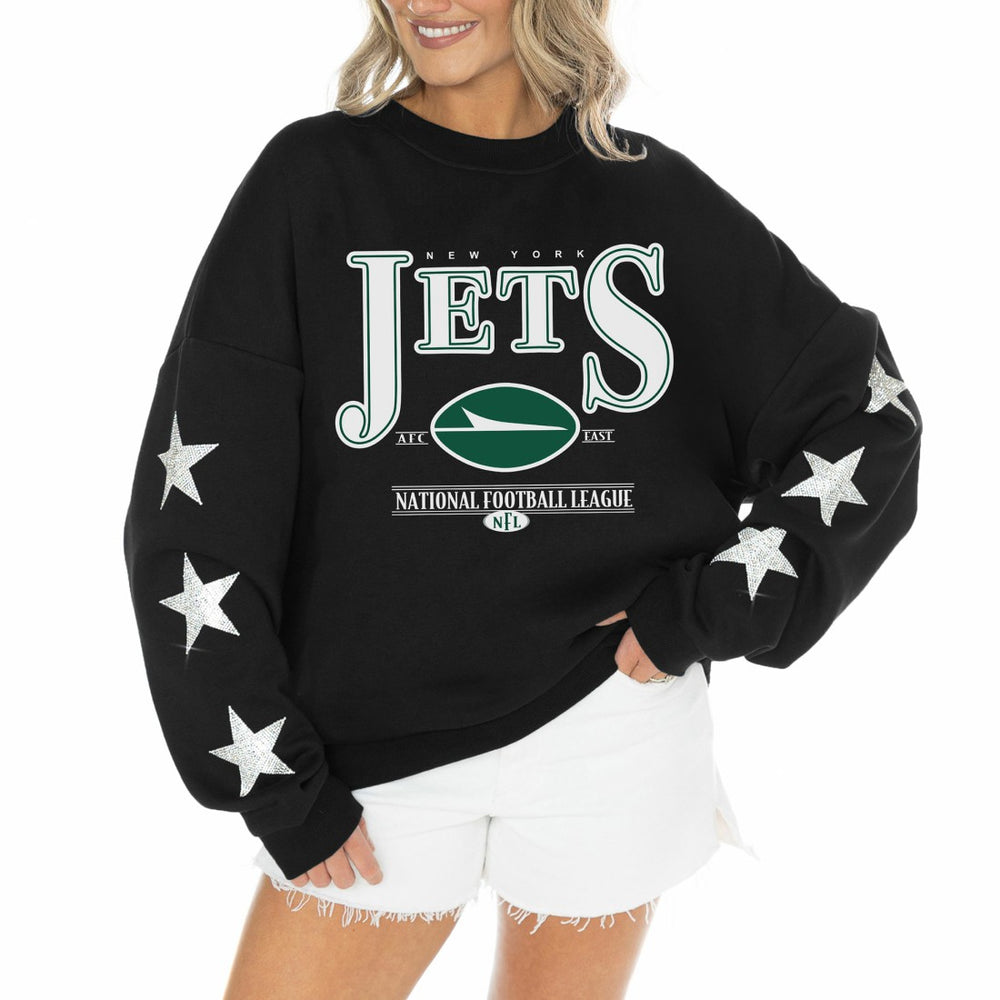 New York Jets Gameday Couture Women's Rhinestone Star Sleeve Settle the Score Oversized Tri-Blend Pullover - Black discount