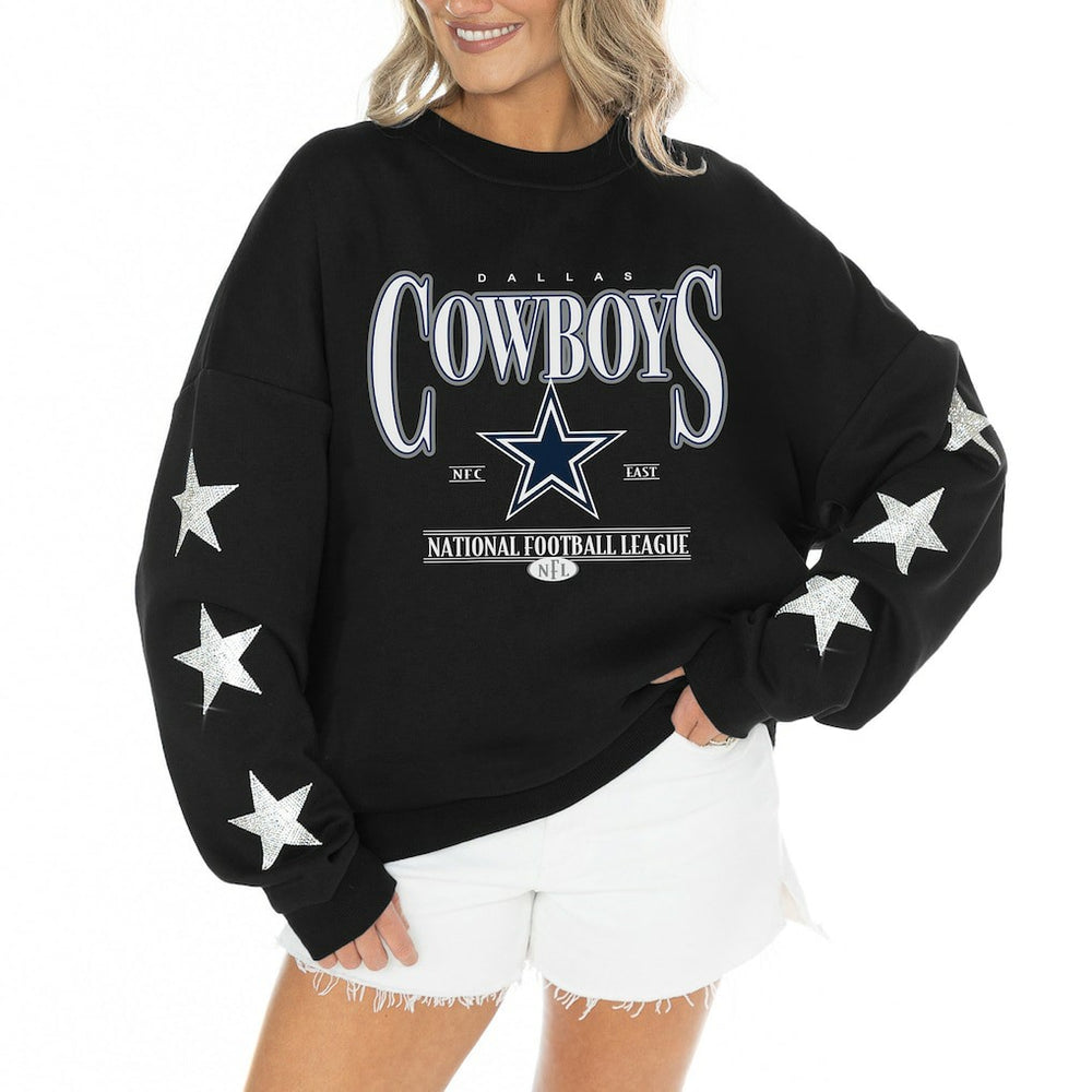 Dallas Cowboys Gameday Couture Women's Rhinestone Star Sleeve Settle the Score Oversized Tri-Blend Pullover - Black for sale