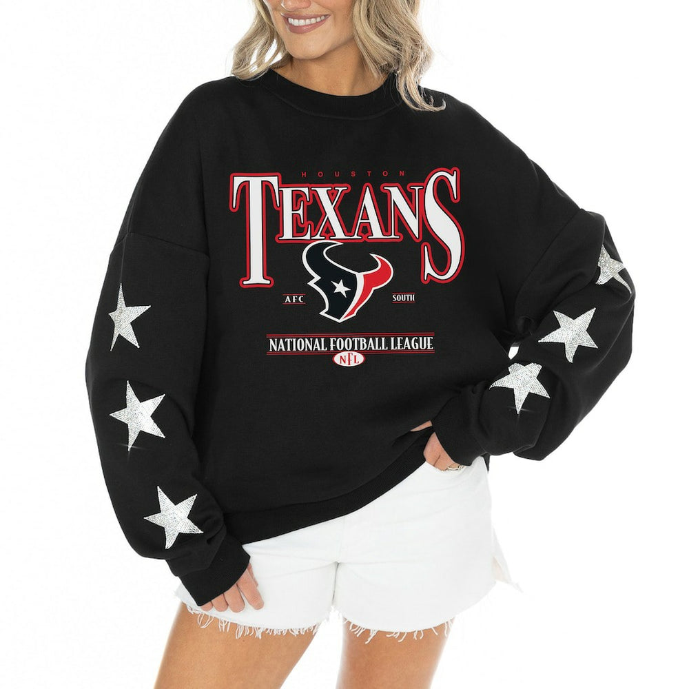 Houston Texans Gameday Couture Women's Rhinestone Star Sleeve Settle the Score Oversized Tri-Blend Pullover - Black online
