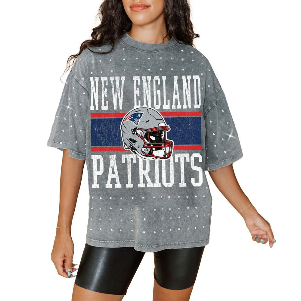 New England Patriots Gameday Couture Women's Oversized Mini Rhinestone Classic T-Shirt - Gray for sale