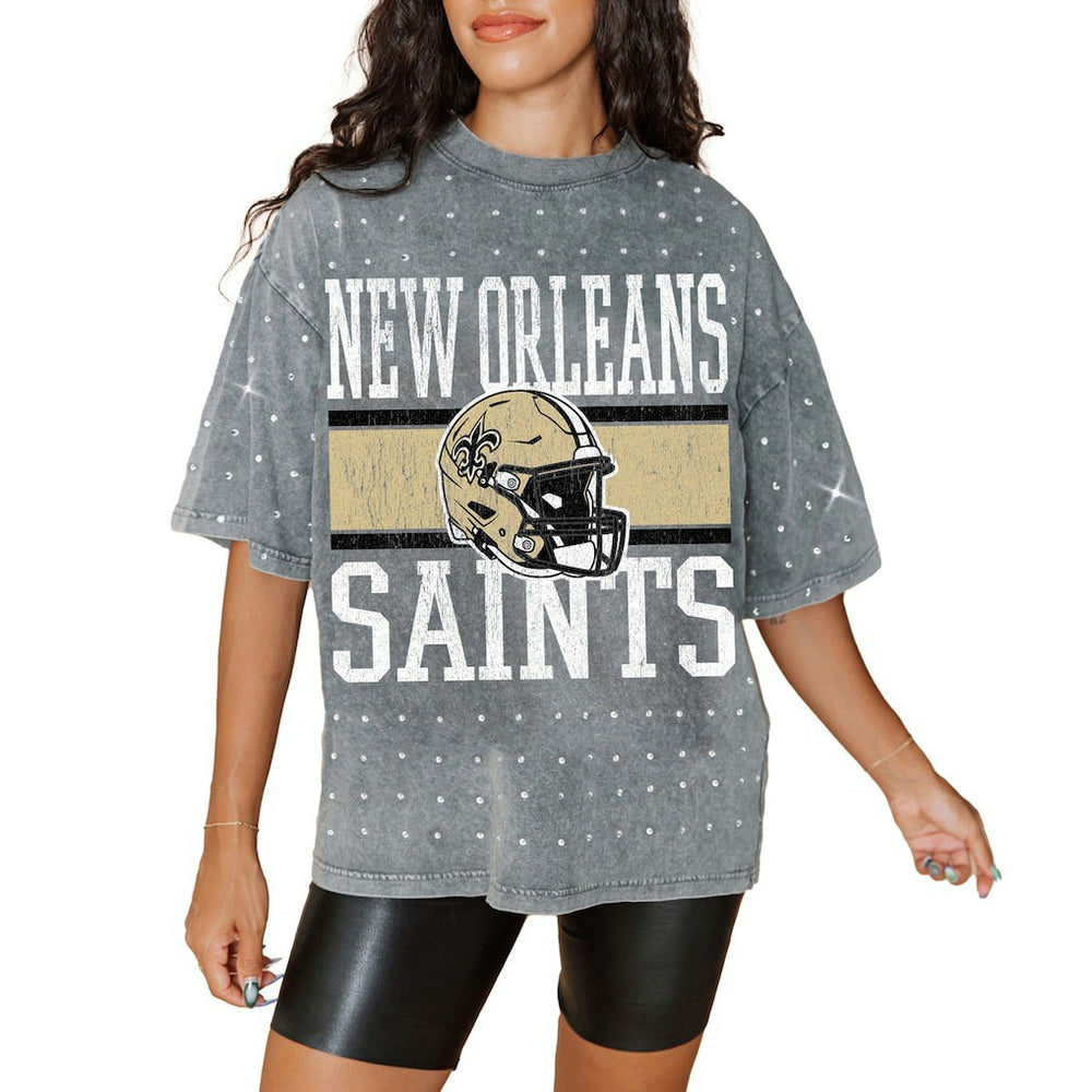 New Orleans Saints Gameday Couture Women's Oversized Mini Rhinestone Classic T-Shirt - Gray online