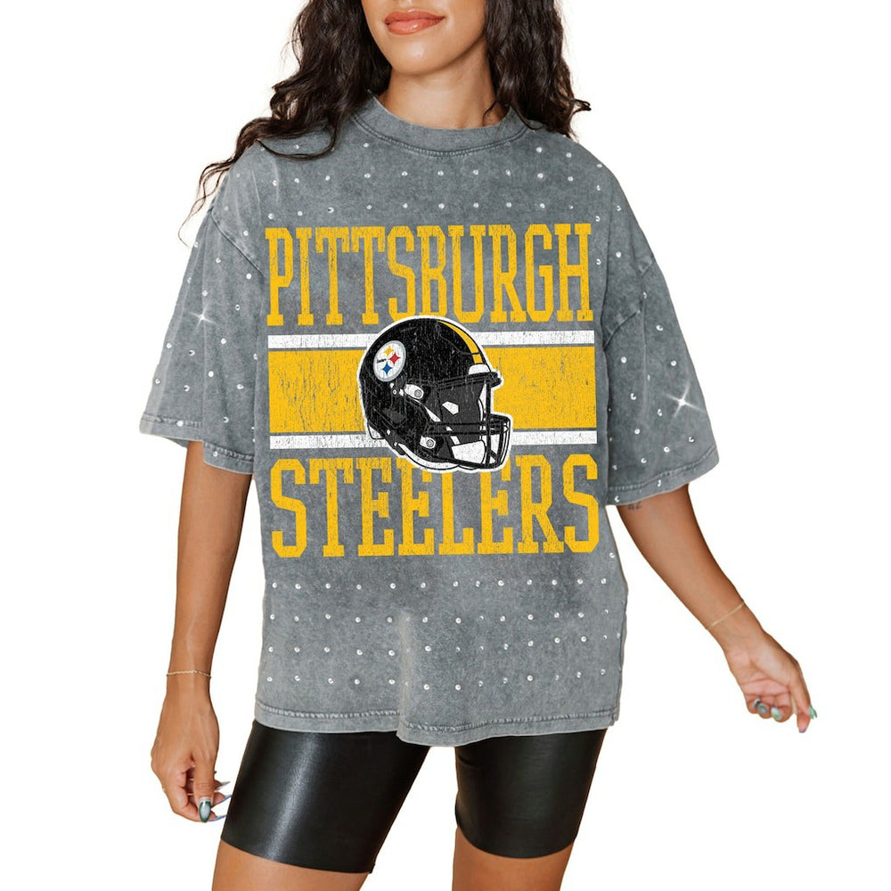 Pittsburgh Steelers Gameday Couture Women's Oversized Mini Rhinestone Classic T-Shirt - Gray online