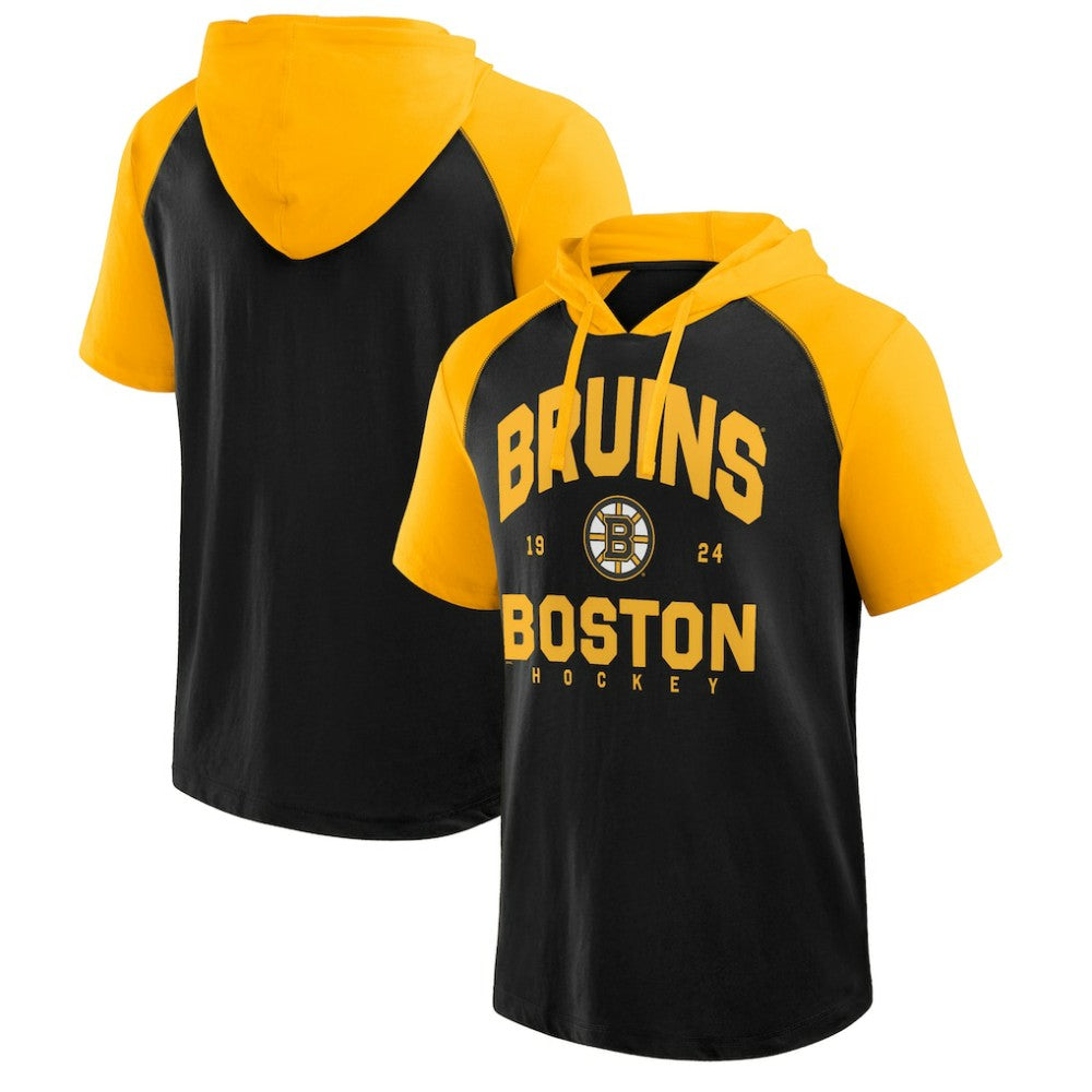 Boston Bruins Logo Athletic Prime Raglan Short Sleeve Pullover Hoodie Black