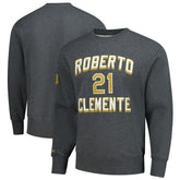 Roberto Clemente Pittsburgh Pirates Legends Collection Vintage Logo Name & Number Fleece Pullover Sweatshirt - Heather Charcoal | Mitchell & Ness