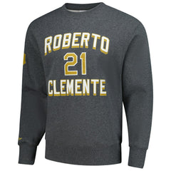 Roberto Clemente Pittsburgh Pirates Legends Collection Vintage Logo Name & Number Fleece Pullover Sweatshirt - Heather Charcoal | Mitchell & Ness