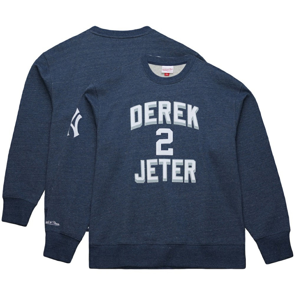 Derek Jeter New York Yankees Legends Collection Vintage Logo Fleece Name & Number Pullover Sweatshirt - Heather Navy | Mitchell & Ness
