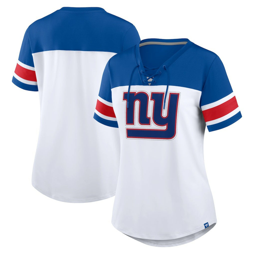 New York Giants Women's Athena Rhinestone Lace-Up V-Neck T-Shirt - White/Royal cheap
