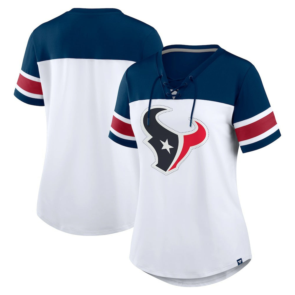 Houston Texans Women's Athena Rhinestone Lace-Up V-Neck T-Shirt - White/Navy cheap