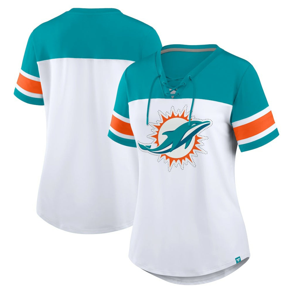 Miami Dolphins Women's Athena Rhinestone Lace-Up V-Neck T-Shirt - White/Aqua discount