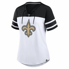 New Orleans Saints Women's Athena Rhinestone Lace-Up V-Neck T-Shirt - White/Black for sale