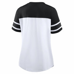 New Orleans Saints Women's Athena Rhinestone Lace-Up V-Neck T-Shirt - White/Black for sale