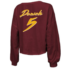 Jayden Daniels Washington Commanders Majestic Threads Women's Name & Number Off-Shoulder Script Cropped Long Sleeve Relaxed V-Neck T-Shirt - Burgundy outlet
