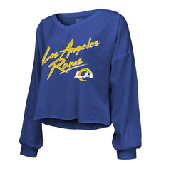 Puka Nacua Los Angeles Rams Majestic Threads Women's Off-Shoulder Script Player Name & Number Cropped Long Sleeve V-Neck T-Shirt - Royal outlet