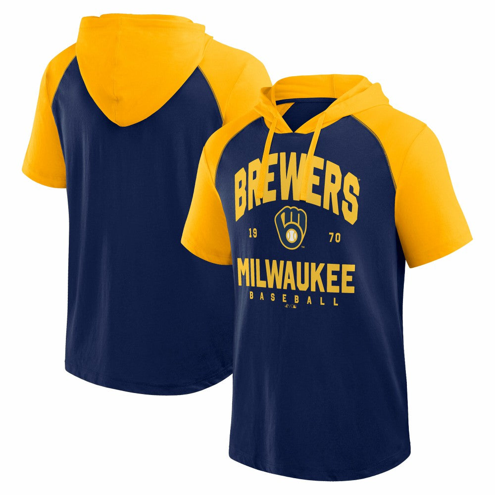Milwaukee Brewers Logo Athletic Prime Raglan Short Sleeve Hoodie T-Shirt - Navy