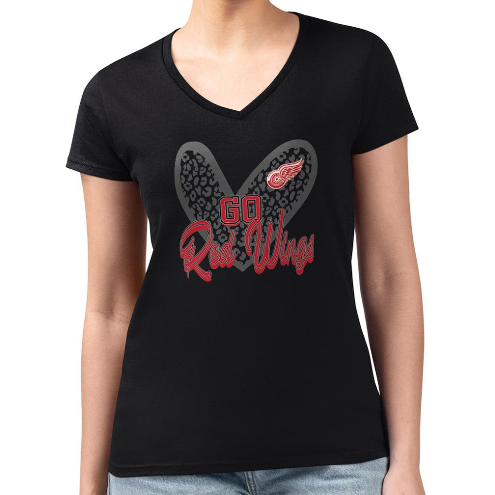 Detroit Red Wings G-III 4Her by Carl Banks Women's Super-Slim Fit Lightweight Animal Print Heart V-Neck T-Shirt Black