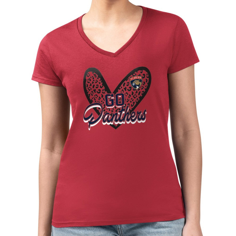 Florida Panthers G-III 4Her by Carl Banks Women's Super-Slim Fit Lightweight Animal Print Heart V-Neck T-Shirt Red