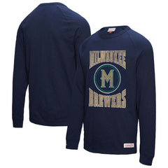Milwaukee Brewers Arched Logo Slub Long Sleeve T-Shirt - Navy | Mitchell & Ness