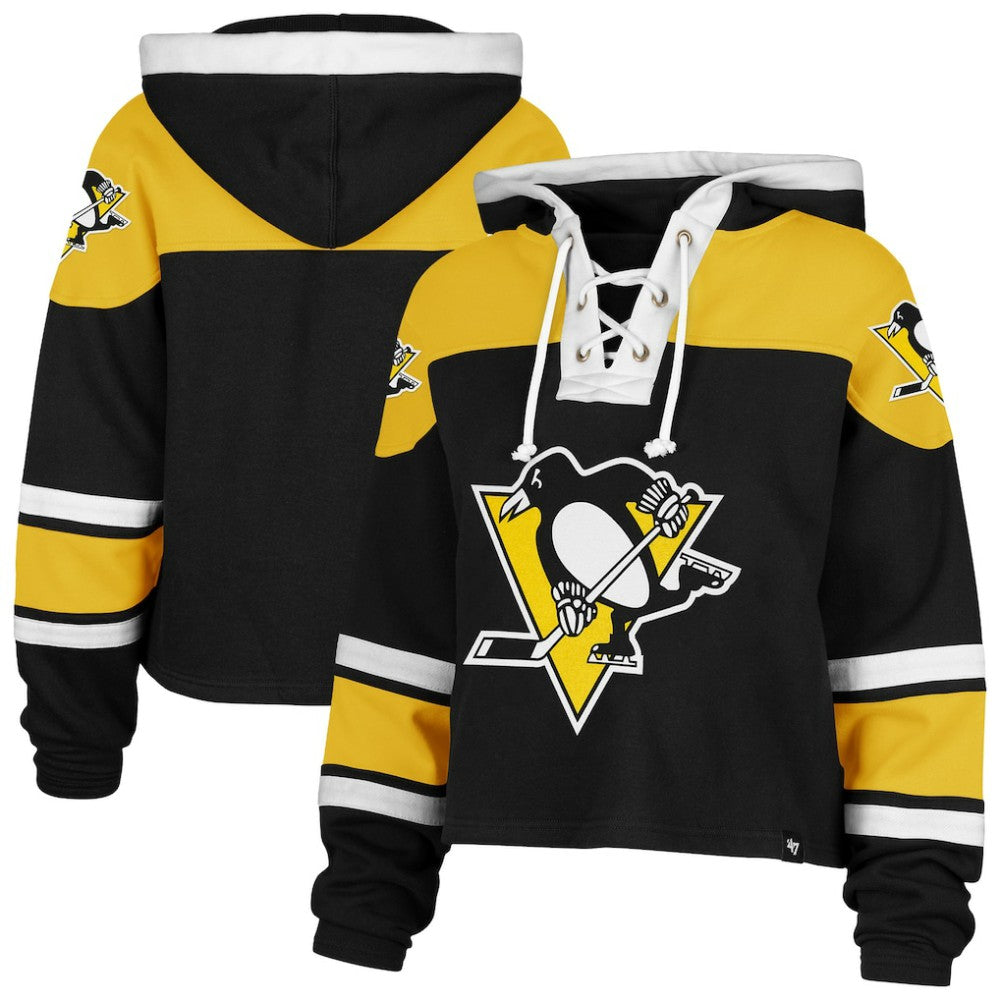 Pittsburgh Penguins '47 Women's Cropped Superior Lacer Pullover Hoodie Black