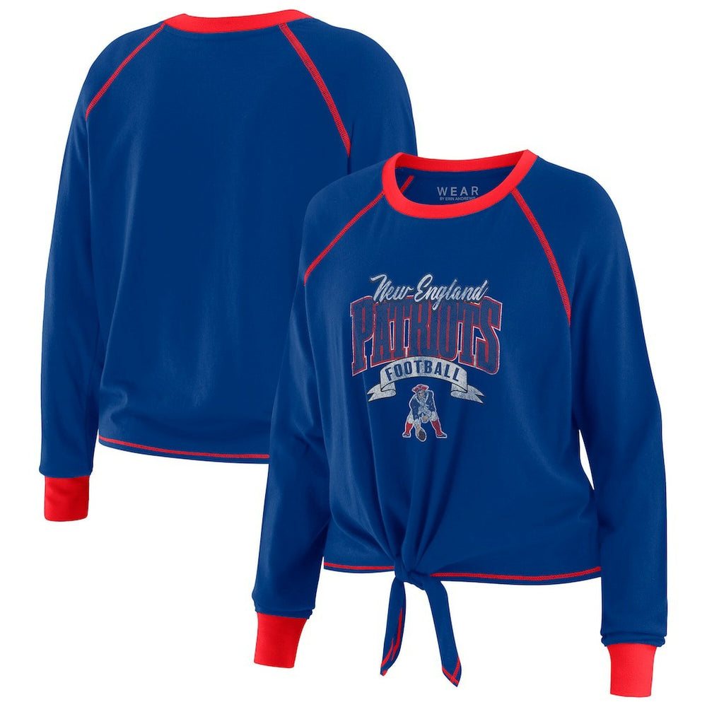 New England Patriots WEAR by Erin Andrews Women's Plus Size Tie-Front Long Sleeve Top - Royal/Red on sale
