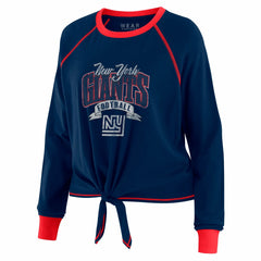New York Giants WEAR by Erin Andrews Women's Plus Size Tie-Front Long Sleeve Top - Royal/Red on sale