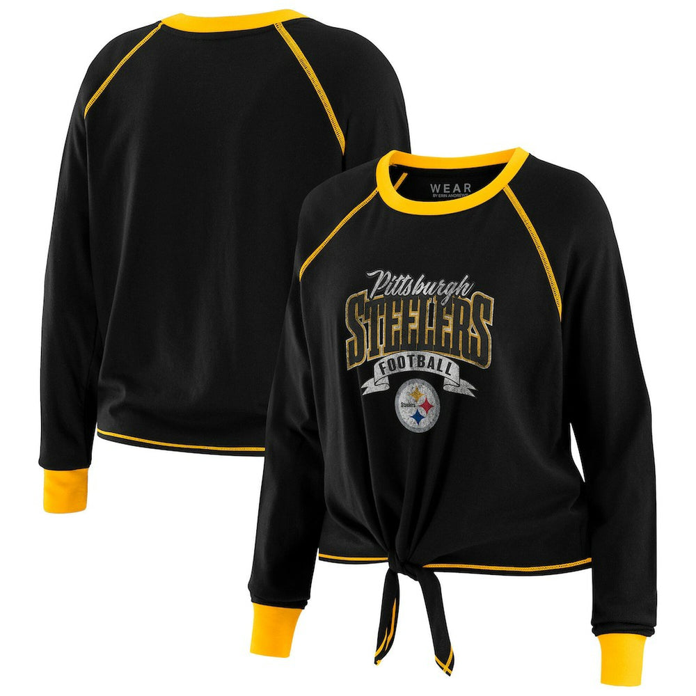 Pittsburgh Steelers WEAR by Erin Andrews Women's Plus Size Tie-Front Long Sleeve Top - Black/Gold online