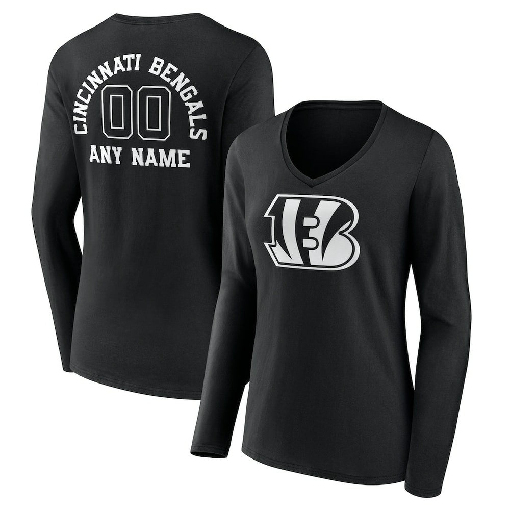 Cincinnati Bengals Women's Personalized Name & Number Monochrome Long Sleeve V-Neck T-Shirt - Black cheap