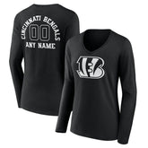 Cincinnati Bengals Women's Personalized Name & Number Monochrome Long Sleeve V-Neck T-Shirt - Black cheap