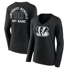 Cincinnati Bengals Women's Personalized Name & Number Monochrome Long Sleeve V-Neck T-Shirt - Black cheap