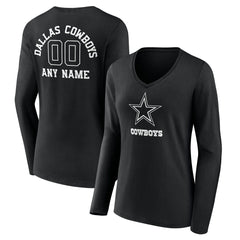 Dallas Cowboys Women's Personalized Name & Number Monochrome Long Sleeve V-Neck T-Shirt - Black for sale