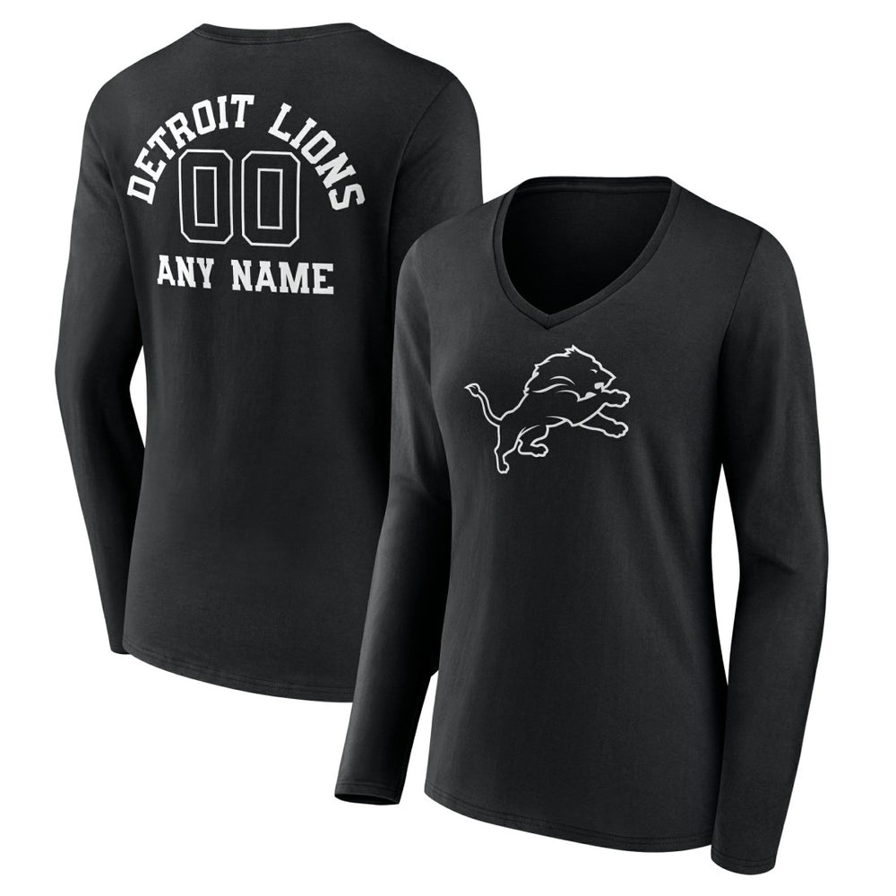 Detroit Lions Women's Personalized Name & Number Monochrome Long Sleeve V-Neck T-Shirt - Black discount