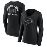 Detroit Lions Women's Personalized Name & Number Monochrome Long Sleeve V-Neck T-Shirt - Black discount