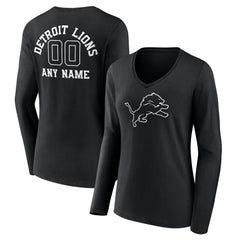 Detroit Lions Women's Personalized Name & Number Monochrome Long Sleeve V-Neck T-Shirt - Black discount