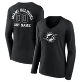 Miami Dolphins Women's Personalized Name & Number Monochrome Long Sleeve V-Neck T-Shirt - Black discount