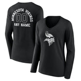Minnesota Vikings Women's Personalized Name & Number Monochrome Long Sleeve V-Neck T-Shirt - Black for sale