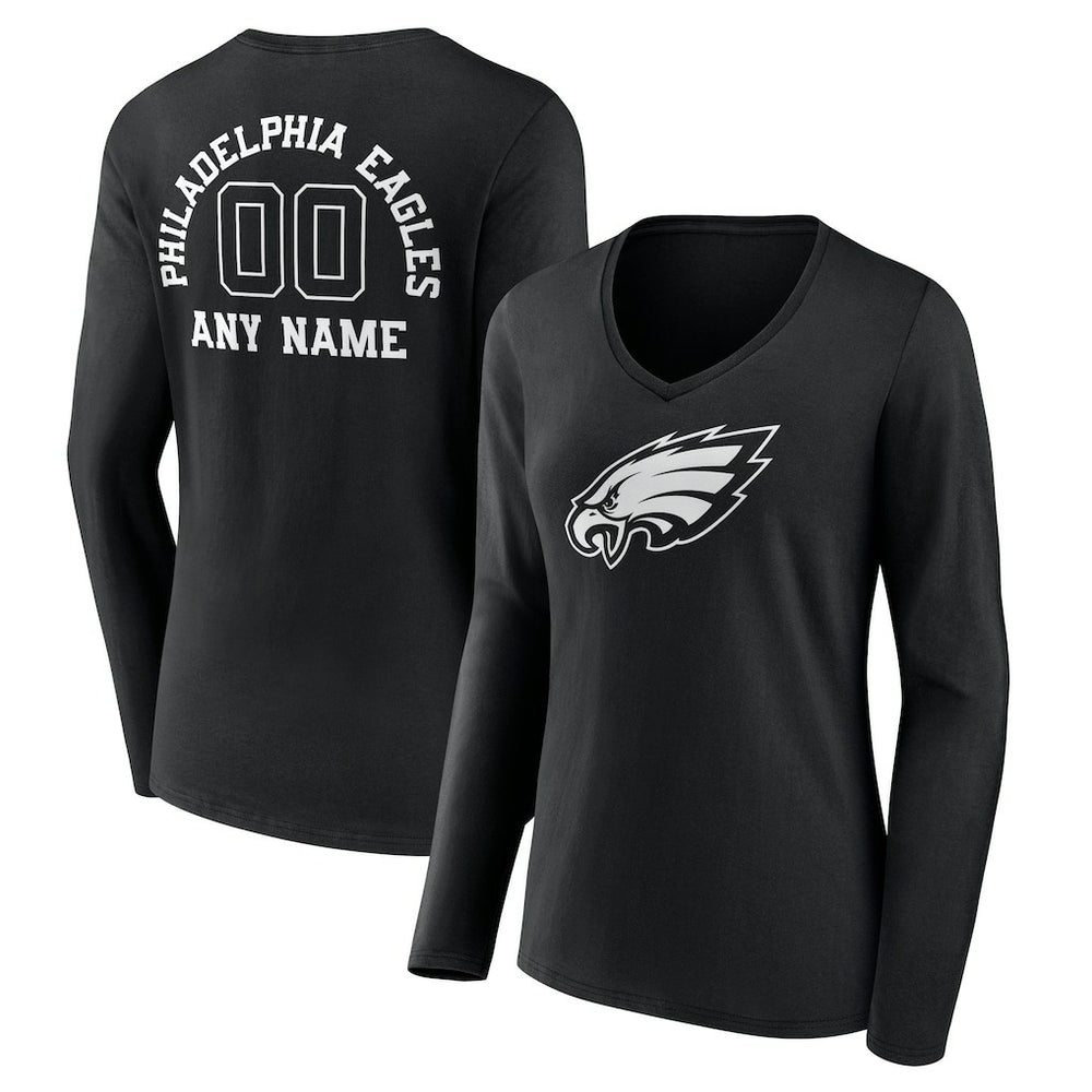 Philadelphia Eagles Women's Personalized Name & Number Monochrome Long Sleeve V-Neck T-Shirt - Black on sale