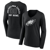 Philadelphia Eagles Women's Personalized Name & Number Monochrome Long Sleeve V-Neck T-Shirt - Black on sale