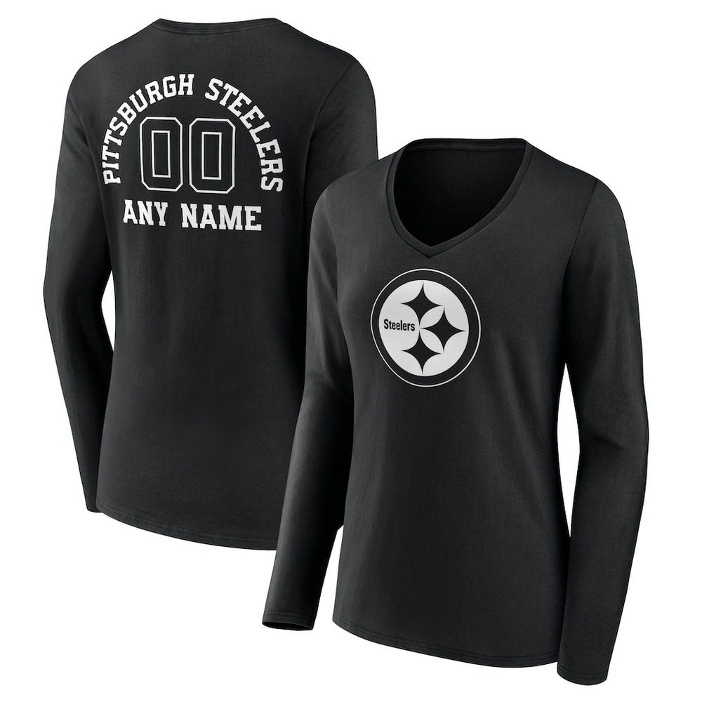 Pittsburgh Steelers Women's Personalized Name & Number Monochrome Long Sleeve V-Neck T-Shirt - Black cheap