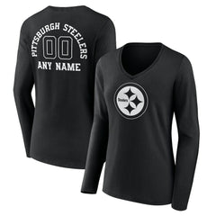 Pittsburgh Steelers Women's Personalized Name & Number Monochrome Long Sleeve V-Neck T-Shirt - Black cheap
