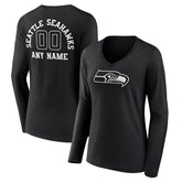 Seattle Seahawks Women's Personalized Name & Number Monochrome Long Sleeve V-Neck T-Shirt - Black on sale
