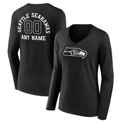 Seattle Seahawks Women's Personalized Name & Number Monochrome Long Sleeve V-Neck T-Shirt - Black on sale
