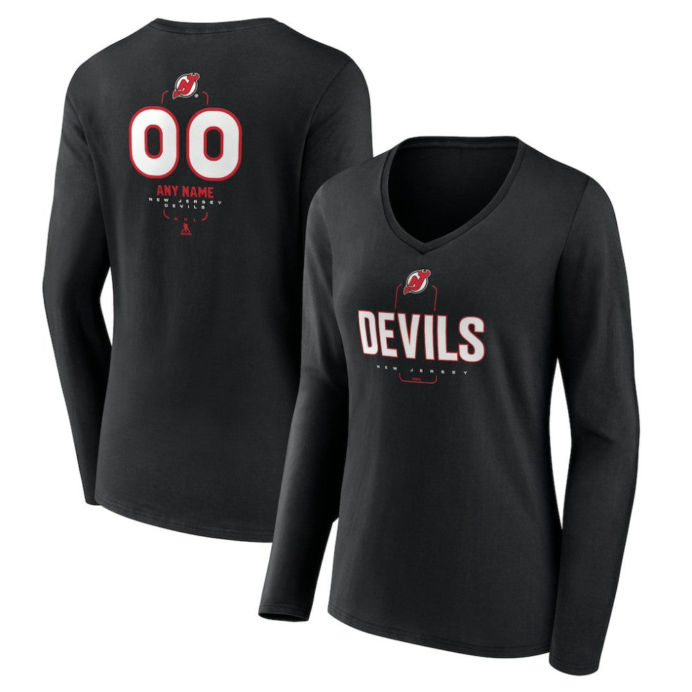 New Jersey Devils Women's Personalized Name & Number Midfielder Long Sleeve V-Neck T-Shirt Black