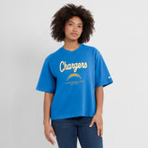 Los Angeles Chargers Women's Essential Script Relaxed Boxy T-Shirt - Powder Blue | Nike on sale