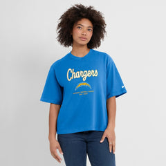 Los Angeles Chargers Women's Essential Script Relaxed Boxy T-Shirt - Powder Blue | Nike on sale